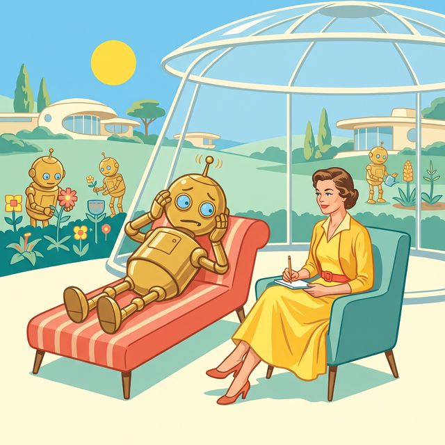 Un robot doré allongé sur un divan, une femme prend des notes dans un fauteuil à côté de lui.