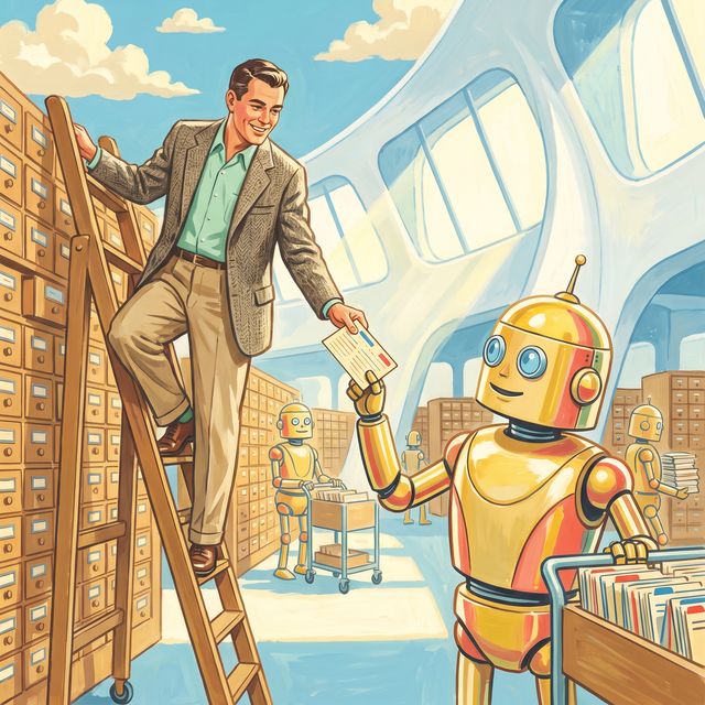 Un homme sur une échelle de bibliothèque tend une fiche à un robot doré, dans une salle d'archives.