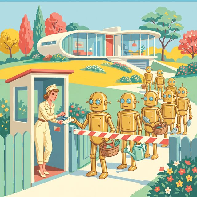 À une barrière de jardin, une femme tamponne les laissez-passer d'une file de robots dorés.