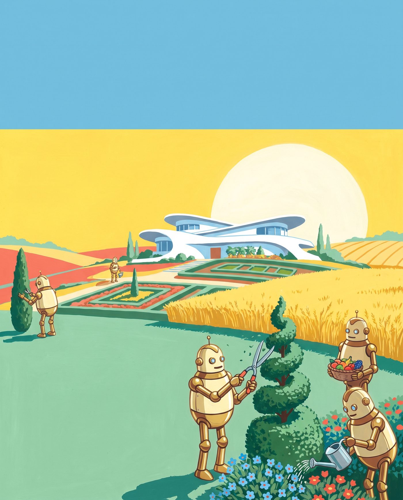 Une villa blanche sous un grand soleil, au milieu de jardins et de champs de blé entretenus par des robots dorés.